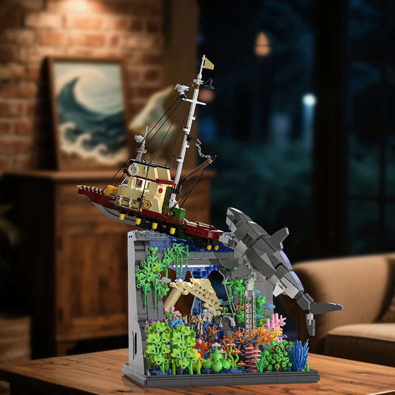 創造的な建築水中遺物ビルディングブロックモデルキットサメ難破船建設レンガのおもちゃコレクションライト付き