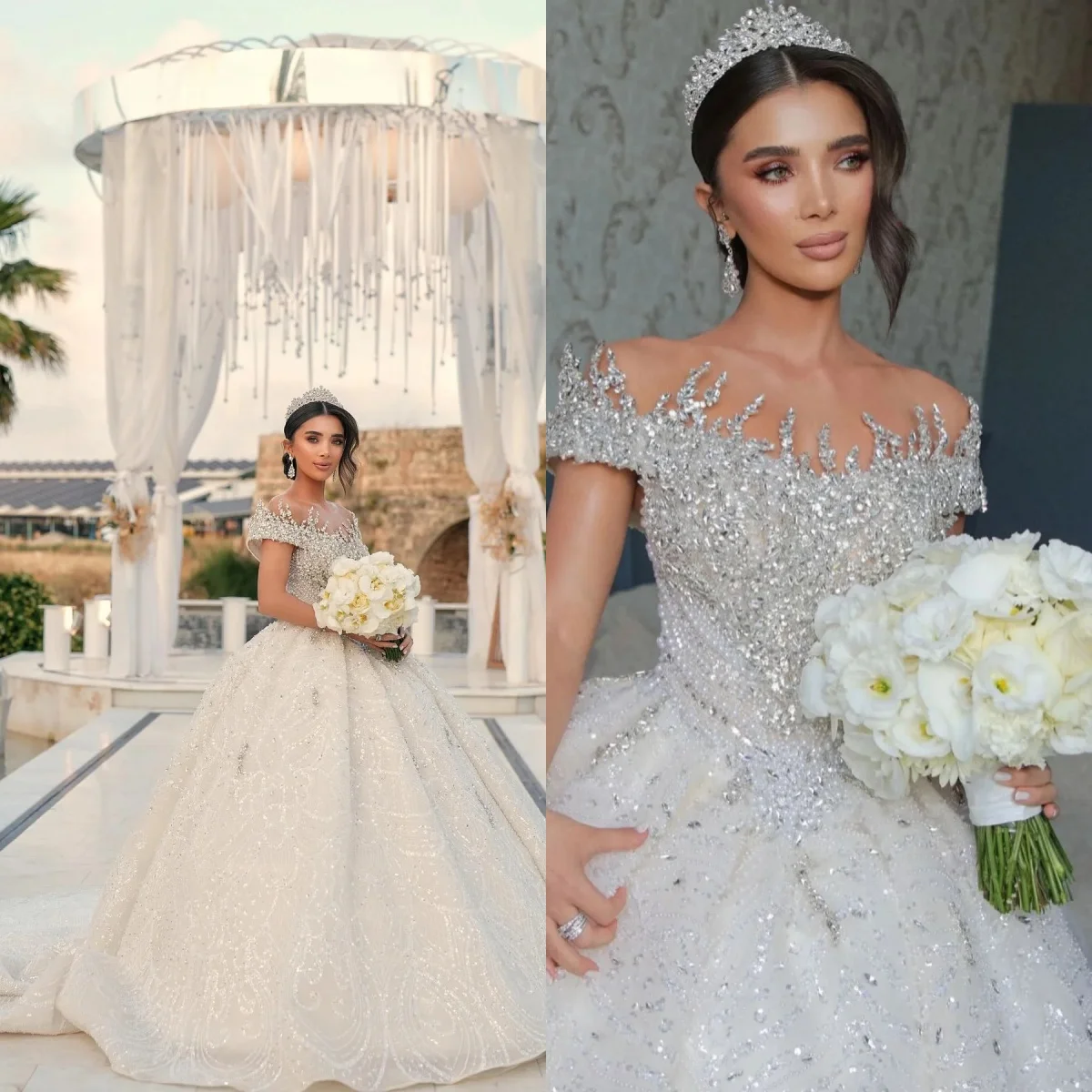 

Gorgeous Beaded Crystal Ball Gown Wedding Sequined Appliques Bridal Gowns Arabic Off The Shoulder Pearls vestido de novia