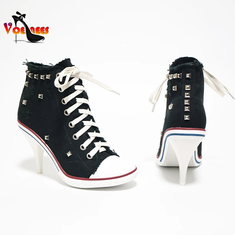 Spring Autumn Europe America Style Fashion Thin High Heels Rivets Lace-up Denim Women Casual Canvas Pumps Shoes Size 34-42