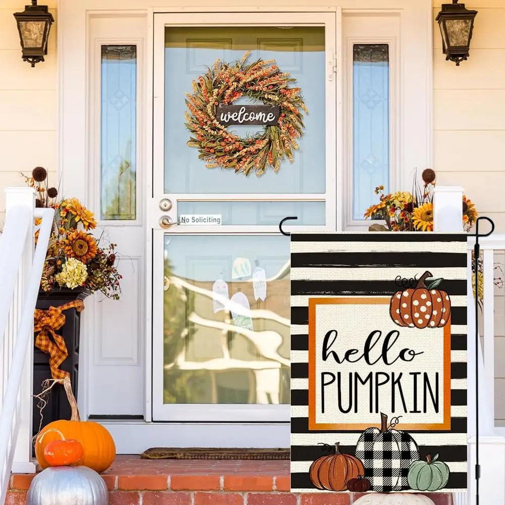 RABUSOFA Hello Pumpkin Fall Garden Flag 12x18 Inch Double Sided for Outside Burlap, Thanksgiving Autumn Outdoor Striped Decorati