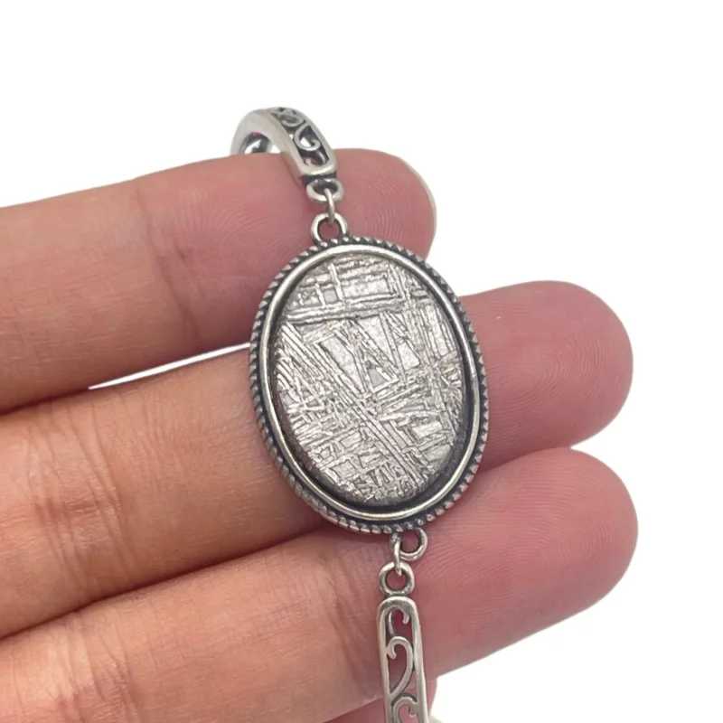 Gibeon Meteorite Statement Bracelet Natural Iron Meteorite Oval Slice Metal Frame Outer Space Rock Jewelry Bracelet L8
