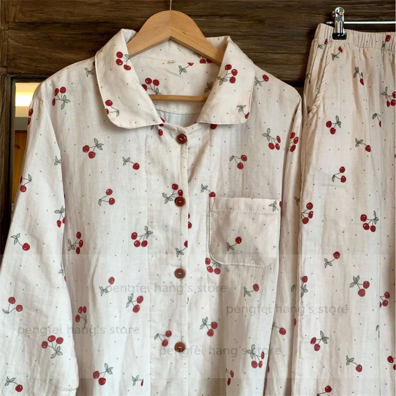 

Двухслойная хлопково-марлевая одежда для сна, пижамные комплекты с длинными рукавами, пижамы De Mujer, домашняя одежда, женская милая рубашка с воротником с лацканами, брюки, 2 шт.