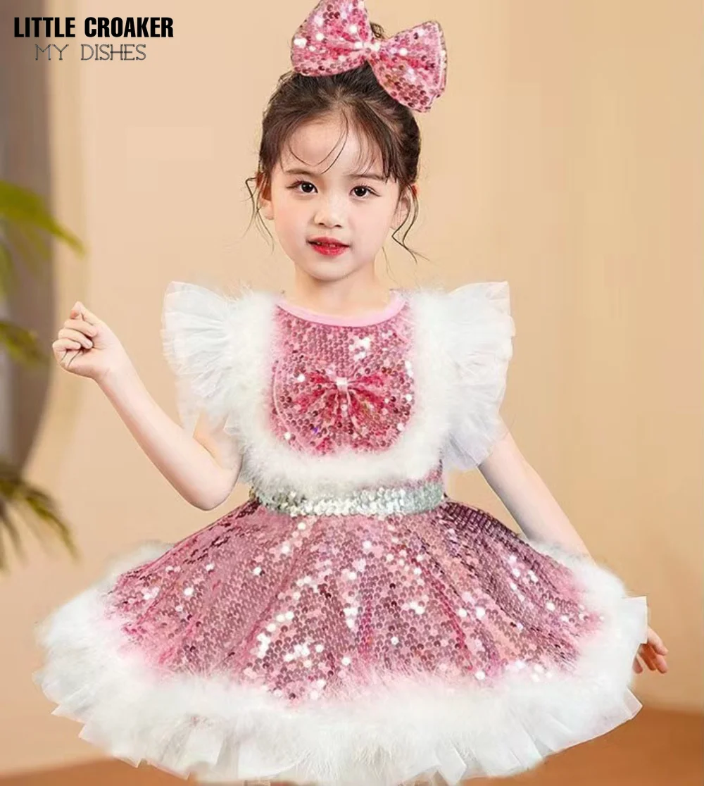 Girls Clothes for Feast Icing Ruffle Fluffy Sequin Party Wear Pink Sky Blue Yellow Peagent Dresses 3 4 6 8 10 Year Girls Kids