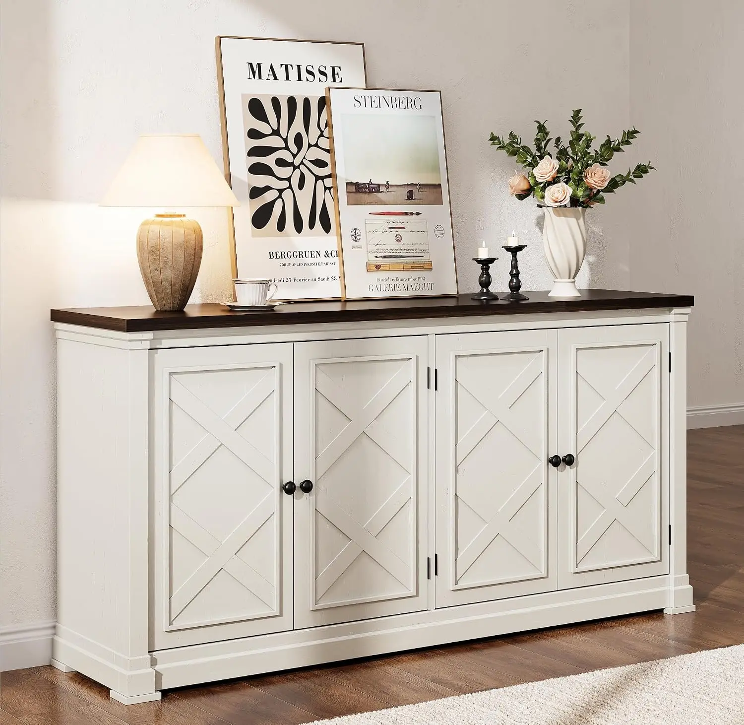 63 Inch Buffet Cabinet with Storage 4 Barn Doors Off White, Customized