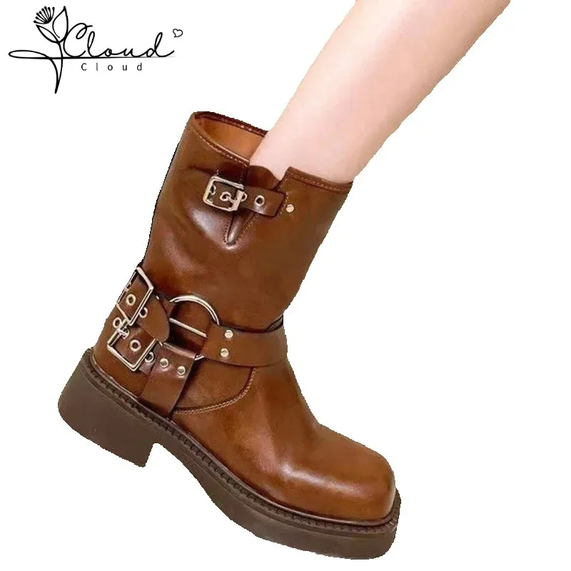 

Simple Thick Soled Soft Leather Women's Ankle Boots Doc Martens Short Long Western Belt Thick Buckle Pile Women Mid-calf