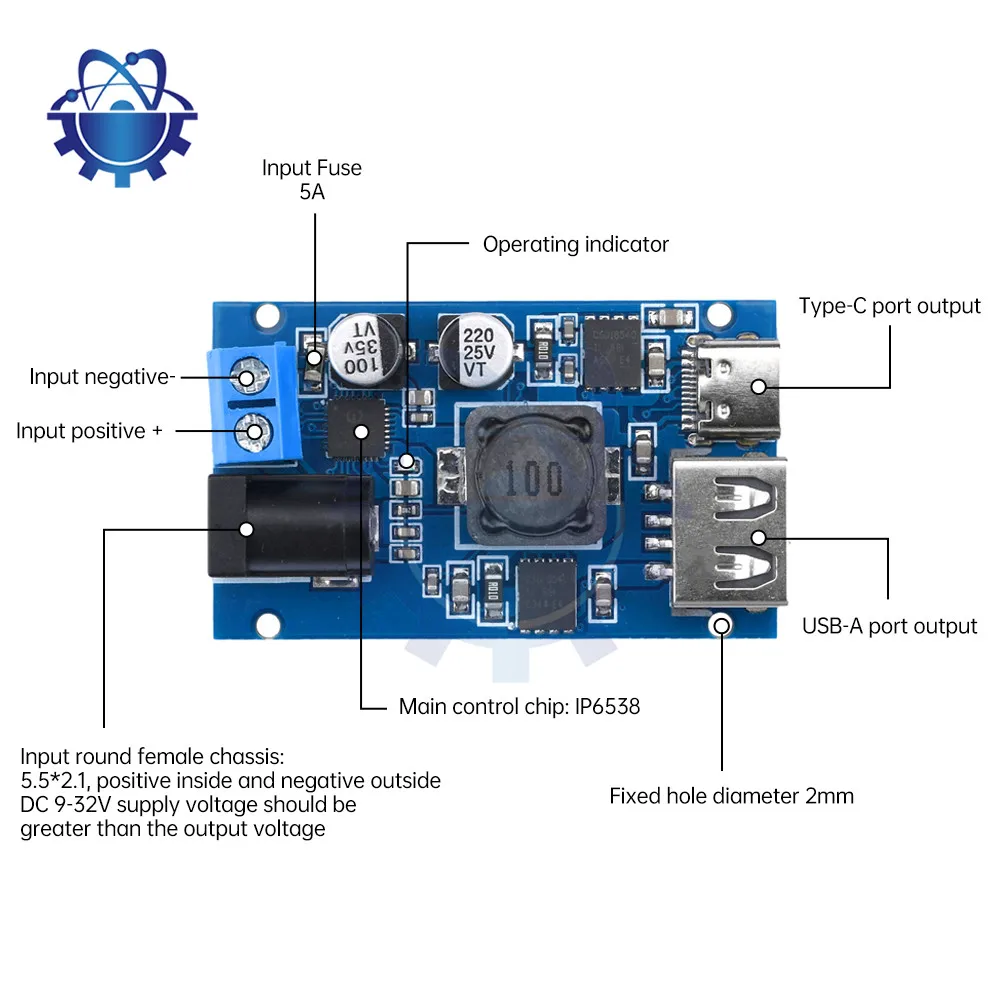 DC8.2V-32V to QC3.0/PD3.0/PPS Multi-Protocol Buck Charging Module Automotive Buck Module USB Type-C Dual Port Charging Module