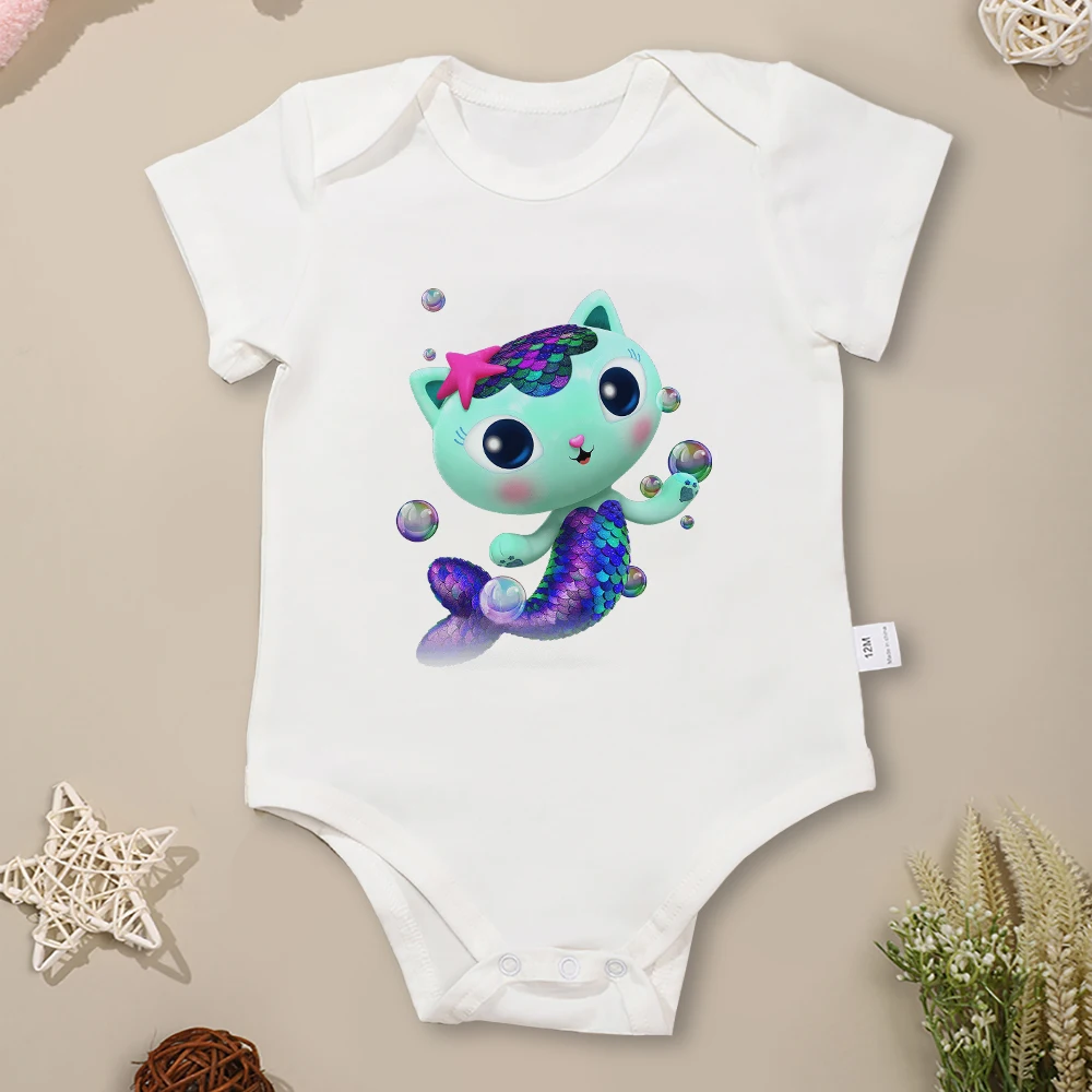 Summer Cute Baby Girl Clothes Animation Cartoon Cat Pattern Kawaii Harajuku Newborn Boy Bodysuit Pajamas 100% Cotton Breathable