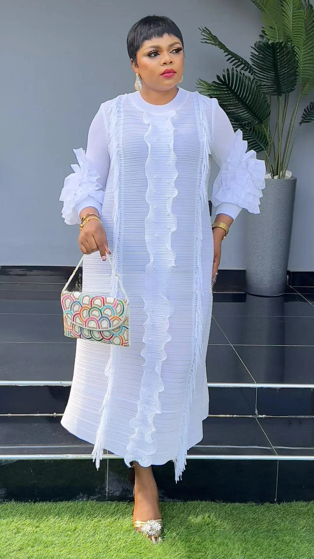 2024 Autumn Miyake Pleated Net Color Hand-cranked Flower Dress Laser Beaded Dense Edge African Loose Long-sleeved Dresses Women