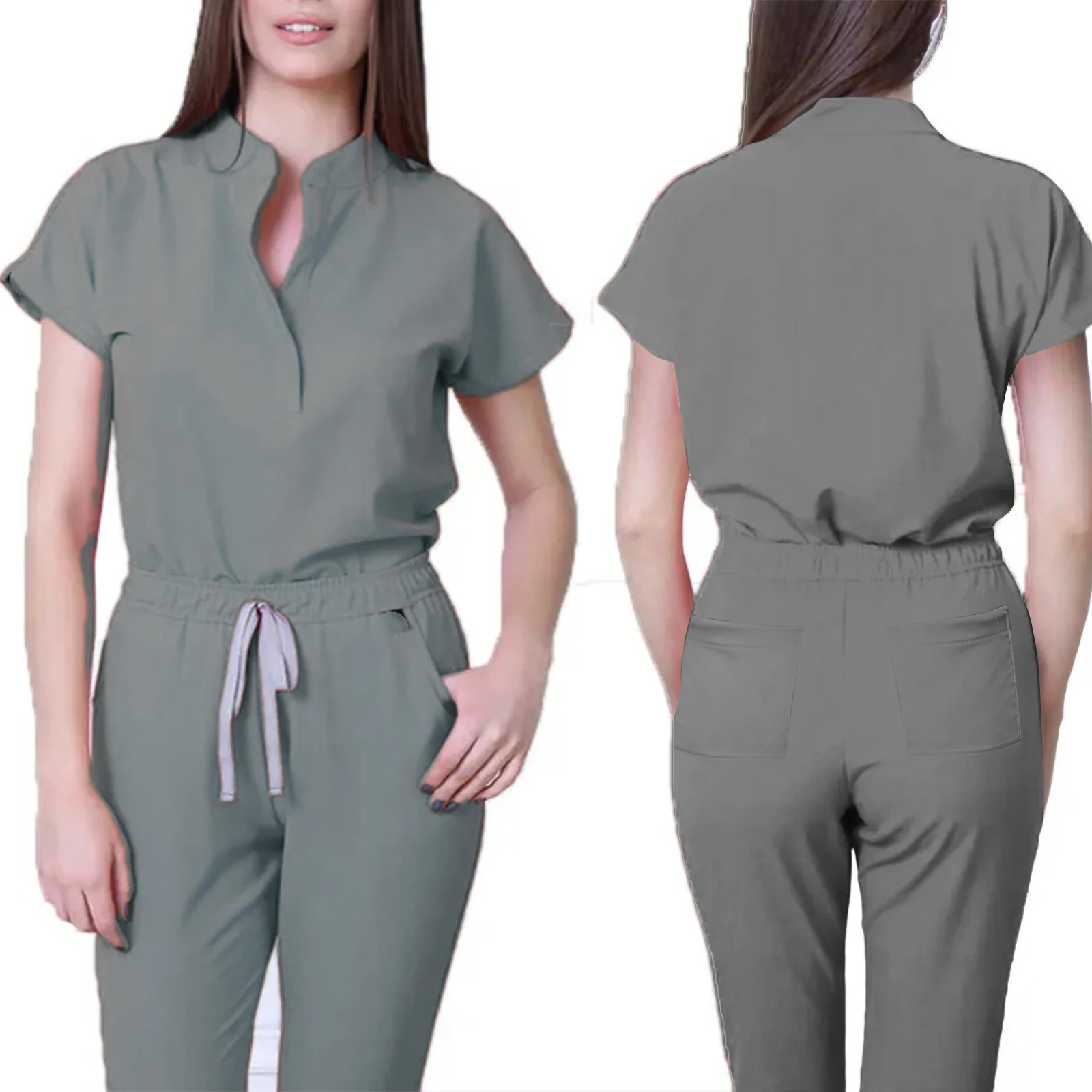 

Женский комбинезон медсестры с воротником-стойкой и коротким рукавом, разноцветный, с завязками на талии, с несколькими карманами, медицинская форма, спецодежда для здравоохранения