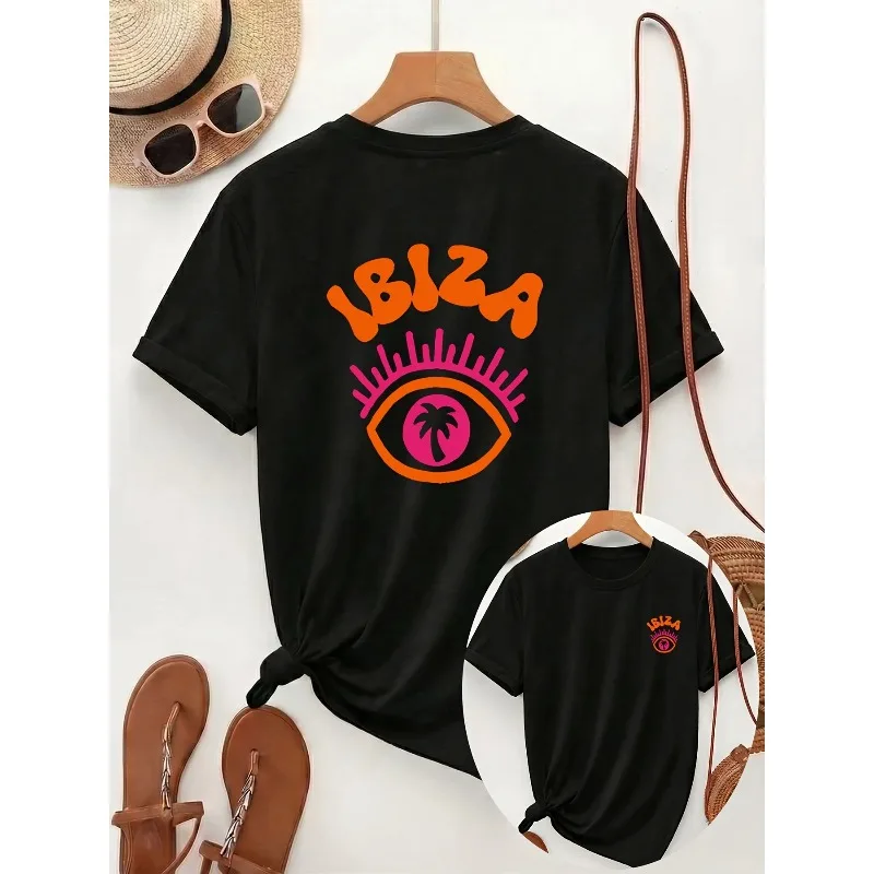 Ibiza Evil Eye Women's Retro Palm Tree Pattern T-shirt Summer Beach Vacation Short Sleeve Harajuku Casual Fashion Women's Top