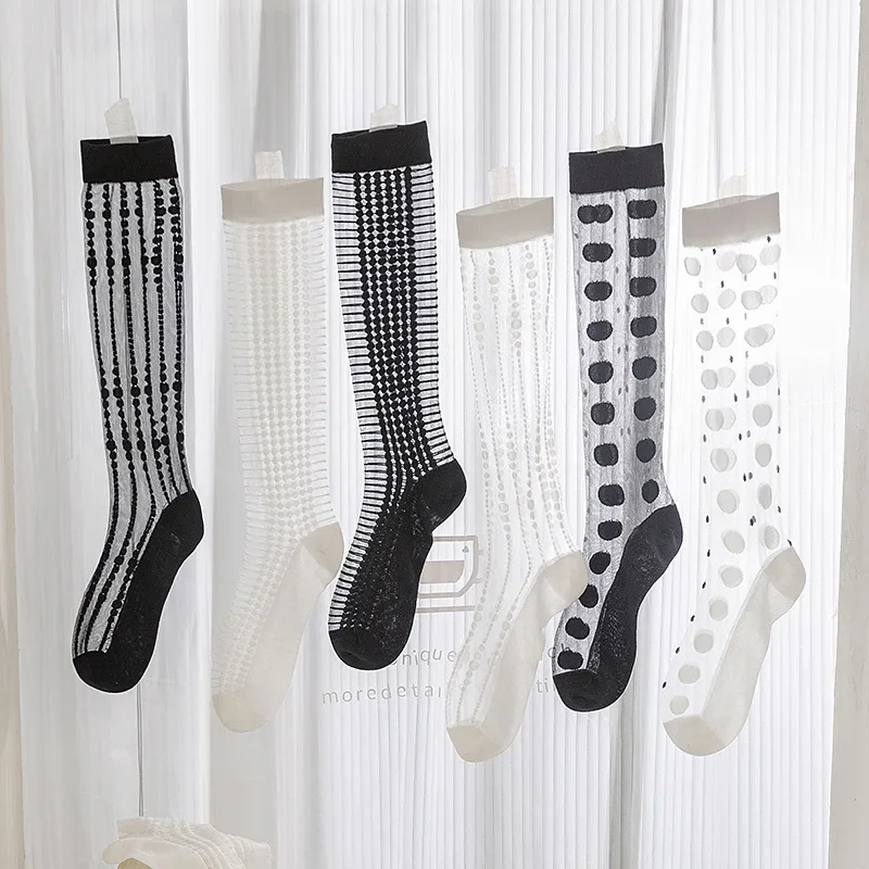 Summer Ultra Thin Silk Socks Crystal Black White Girls Wave Point Stripe Strap Elastic Stockings Women Casual Calcetines Mujer