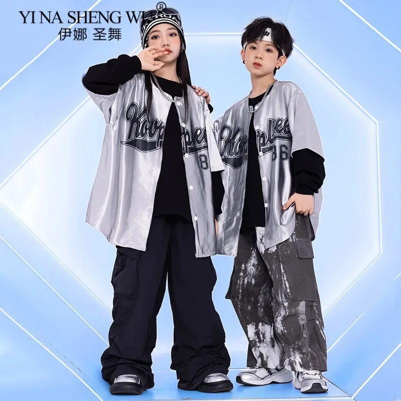 الأولاد أزياء الرقص الفتيات ملابس الجاز الهيب هوب أداء ارتداء بدلة فضية مع بنطلون أسود أطفال طبل عرض زي الحفلات #4