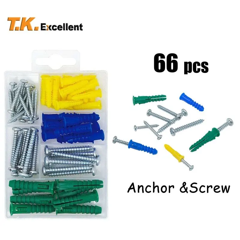 Plastic Self Drilling Ribbed Drywall and Wall Anchors with Screws Kit,66 Piece Wall Plug Anchor Expansion Bolt Pipe Column