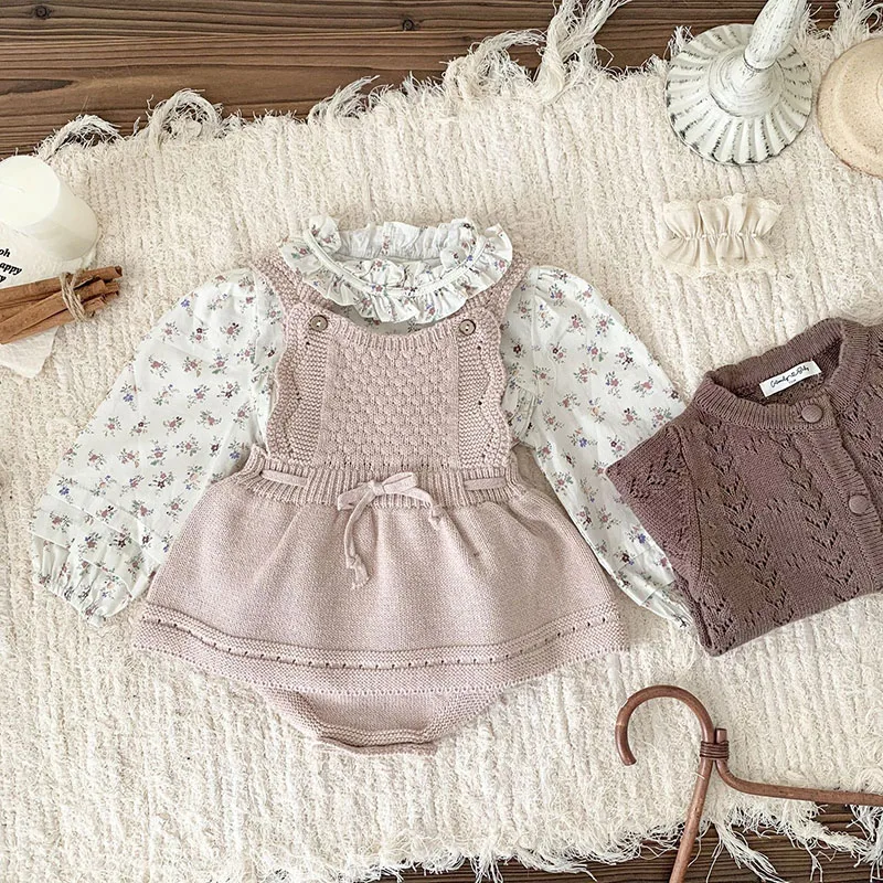 2024 New Autumn Baby Clothing Newborn Baby Girls Knitted Bodysuits Sleeveless Solid Color Infant Baby Girls Knitted Jumpsuit