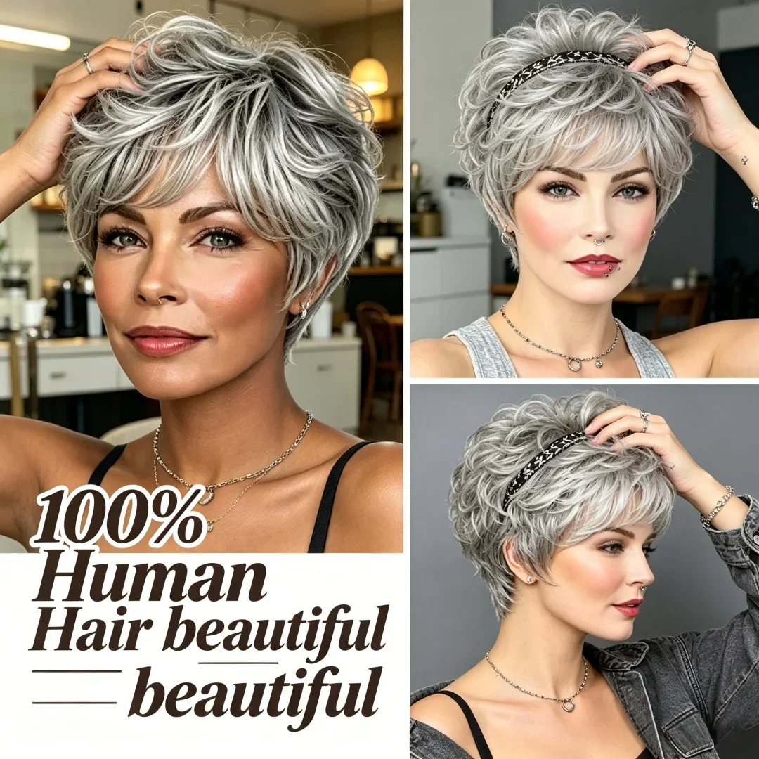 ソフトママヘアテクスチャショートグレーオンブレカーリー合成ウィッグ前髪付きナチュラルデイリーコスチュームウィッグ