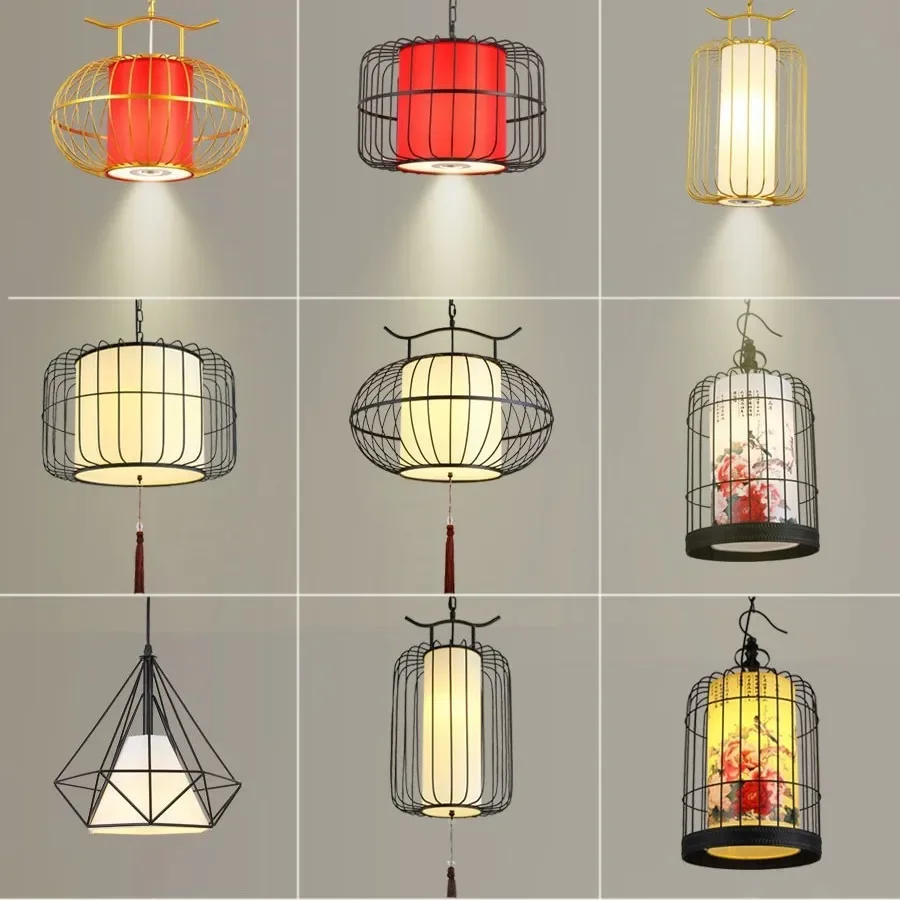 New Chinese birdcage chandelier, retro corridor restaurant, restaurant, teahouse, hot pot shop, antique lantern, creative wrough