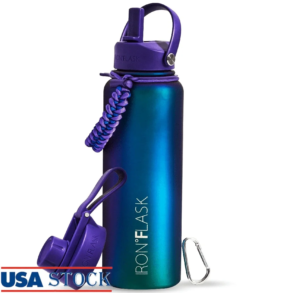 

40 oz Stainless Steel Insulated Water Bottle with Paracord Handle Straw and Spout Lids Leak Resistant Gym Hiking Travel