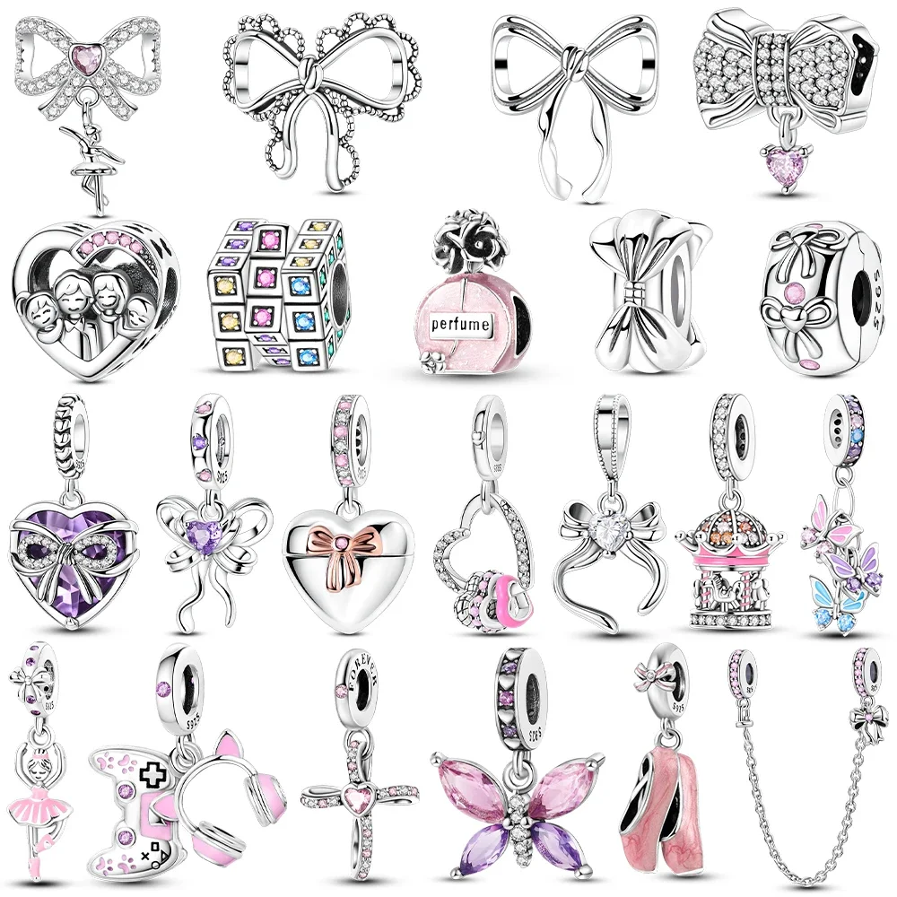 

925 Sterling Silver Pendant Pink Ballet Girl Bow Charms Beads Fit Original 925 Bracelet Necklace Jewelry Making for Women DIY