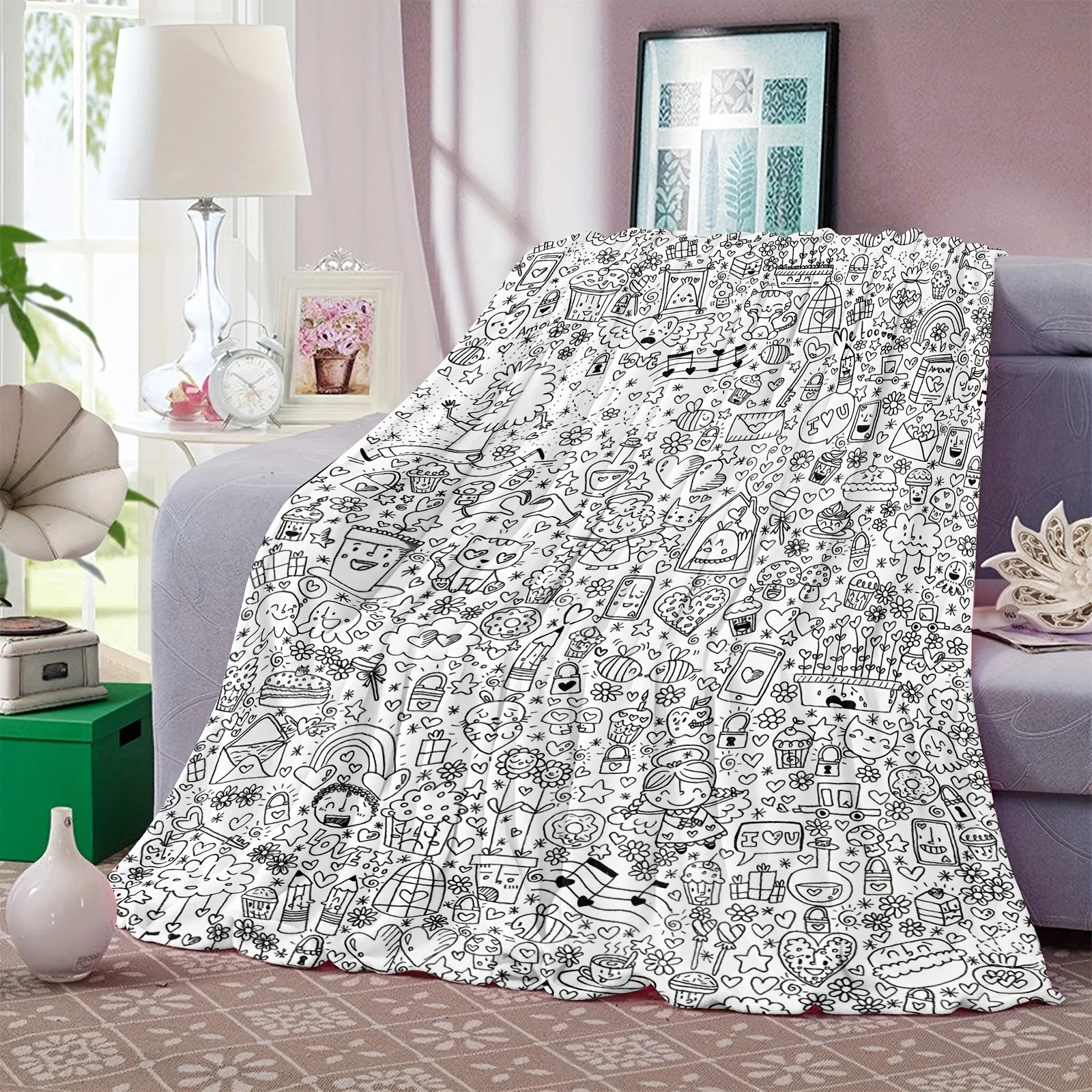 Monochrome Kawaii Doodle Heart Sweet Daily Cartoon Flannel Throw Blanket, Soft Plush for Sofa Bed Travel Indoor Home Decoration