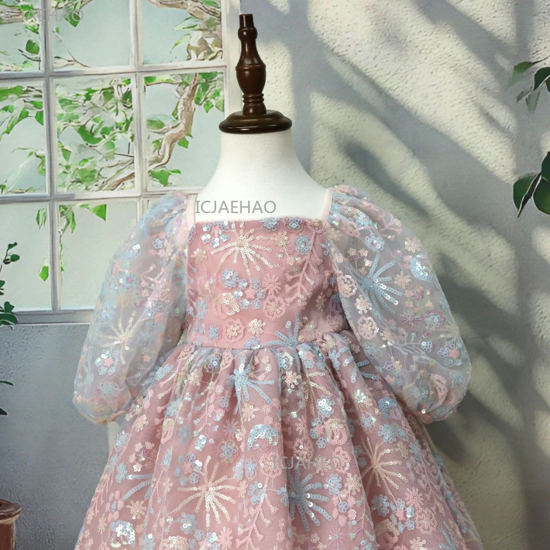 Girls Sequin Evening Dress New Bubble Sleeve Pageant Dress for Host Flower Girl Costume Gown Children Birthday Party Performance