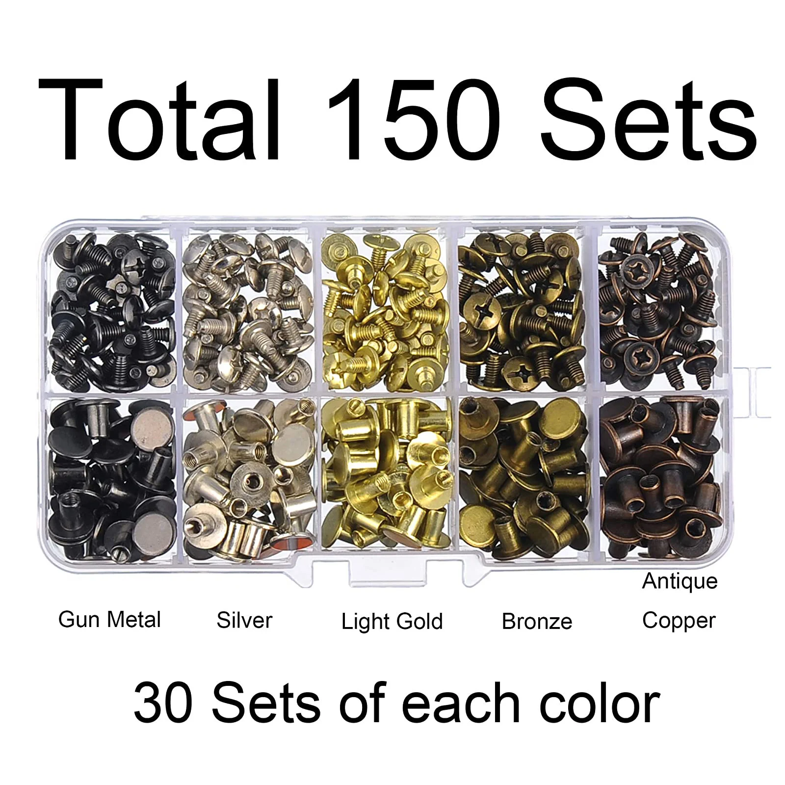 150 Sets Round Flat Head Chicago Screws Buttons Rivets Screwback Spots Metal Nail Rivet Studs for Leather Crafting 5/16 Inch