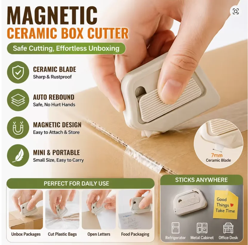 Magnetic Ceramic Box Cutter Mini Portable Safety Box Opener Safe Parcel Mail Package Opening Knife for Home Office Use