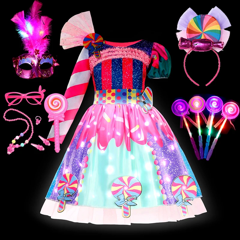 

Purim Candy LED Light Up Dress Girls Birthday Party Light Candy Dress Costume Set Carnival Cosplay Rainbow Mesh Princess Dress