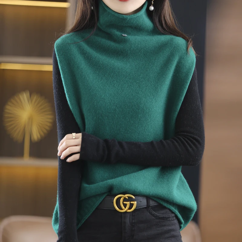 

2022 Spring Autumn Women's 100% Pure Wool Knitted Vest Solid Loose Sweater Waistcoat Female Large Size Pullover Sleeveless Tops