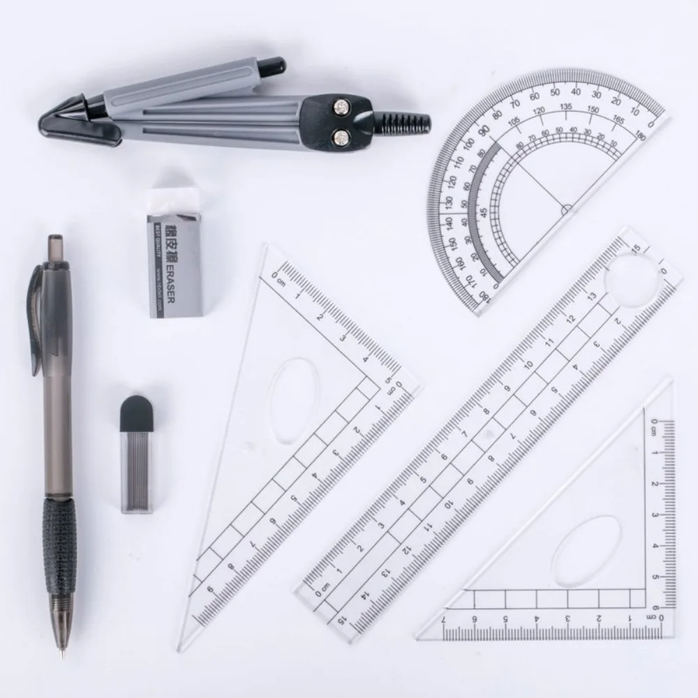 

Multi-Function Transparent Ruler Set Straight Ruler Eraser Protractor Mechanical Pencil Plastic Drawing Tool School Office