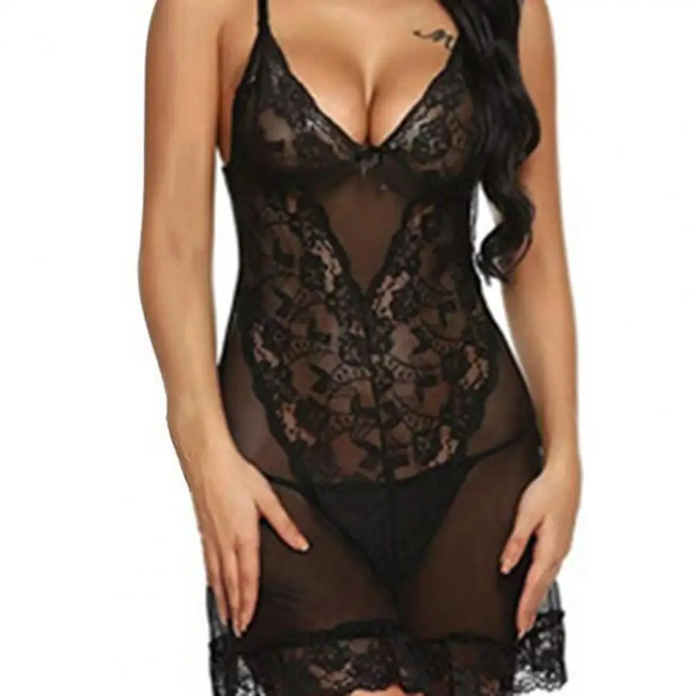 فستان نوم نسائي للسيدات والفتيات بحزام سباغيتي ومنظور دانتيل سادة بدون أكمام مثير بدون ظهر ورقبة على شكل V أطقم ملابس نوم نسائية غريبة