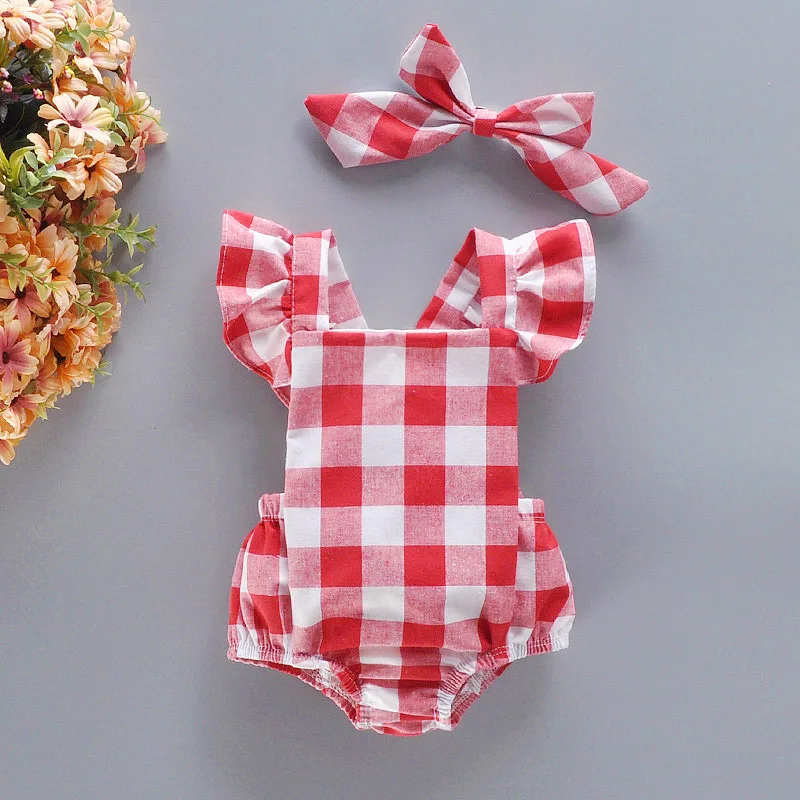 Newborn Summer Comfortable Crawling Clothes With Red Checkered Flying Sleeves  Big Bow Wrapped Bottom Coat Suitable For 0-2 Year