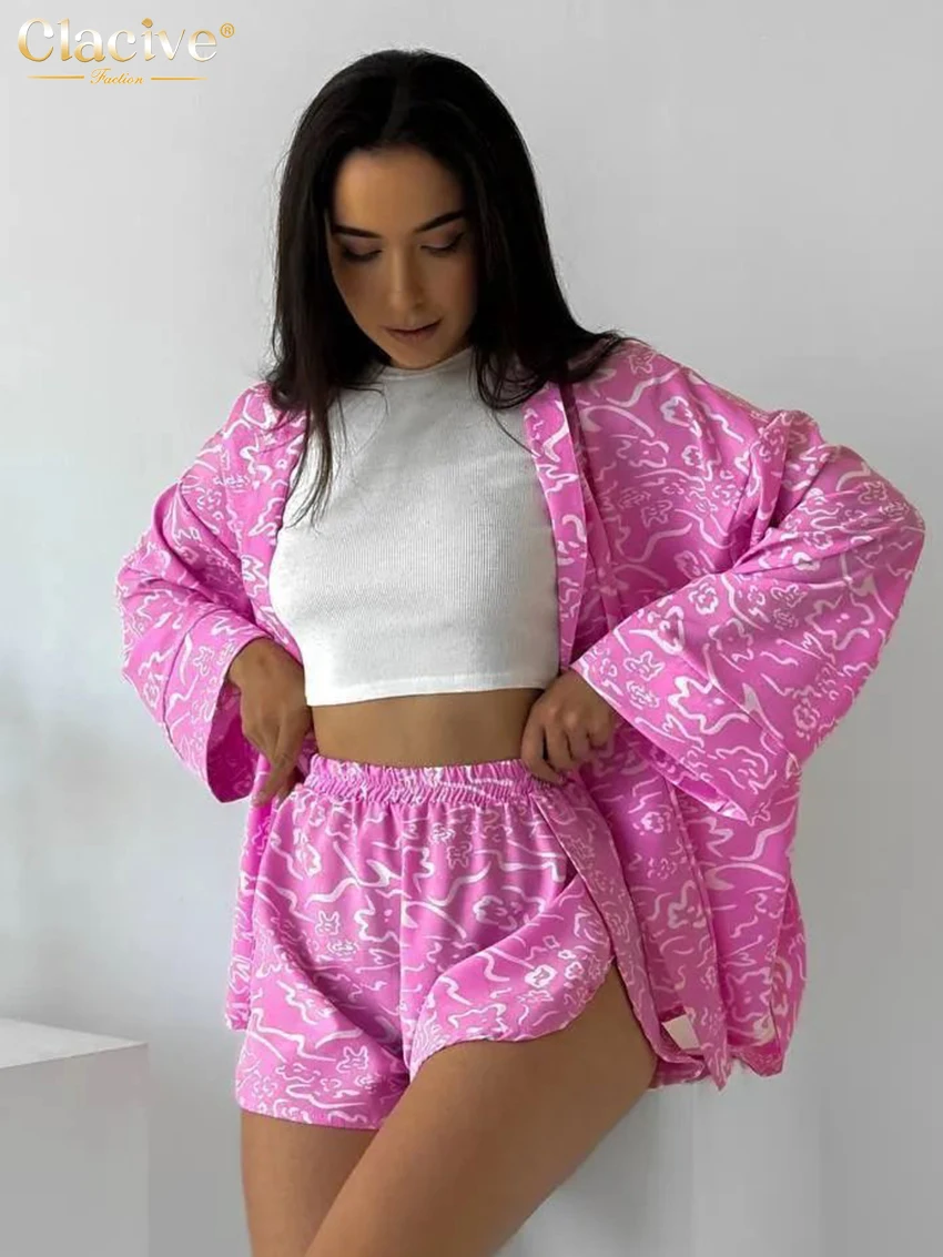 Clacive Fashion Loose Print Shorts Sets For Women 2 Pieces 2025 Elegant Long Sleeve Robes With High Waist Shorts Set Female