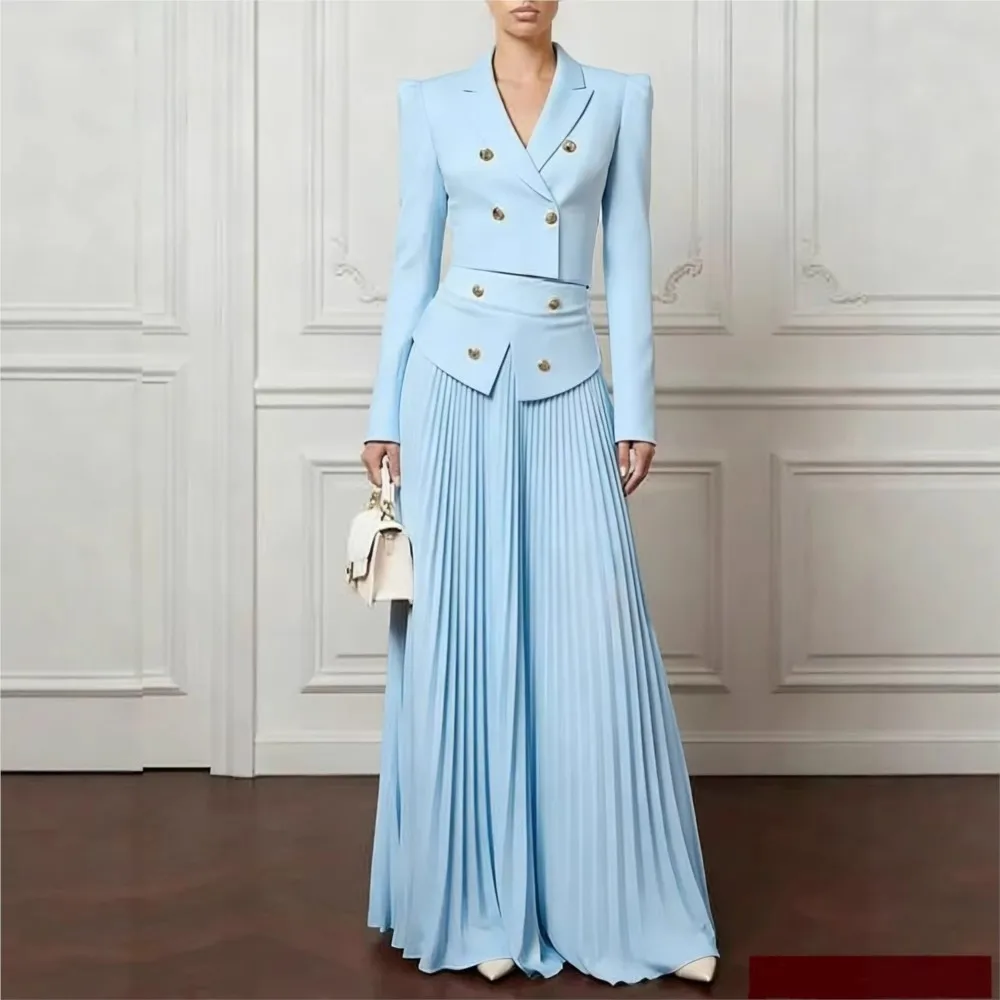 Elegant Women's Solid Pleated Long Skirts Two Piece Sets Spring Autumn Lapel Button Long Sleeve Blazer Coat And Long Skirt Sets
