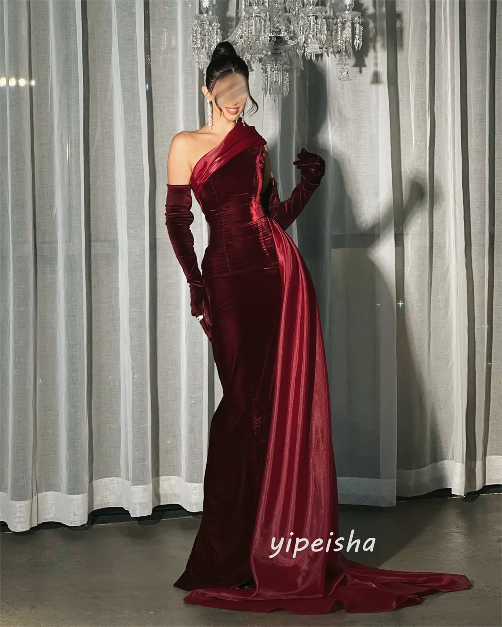 Customized Burgundy Velour Pleat Ruched A-line One-shoulder Long Dresses for Woman Evening Dresses Sizes Available High Quality