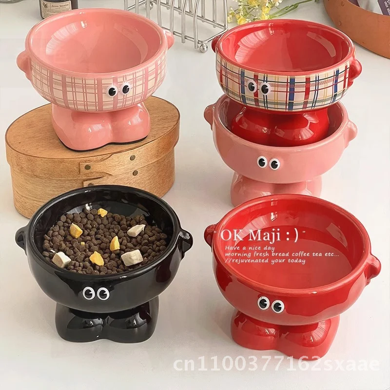 

Cute Large Caliber Ceramic Cat Bowl Anti-Knock with High Foot Large Capacity Pet Food Dish for Cats