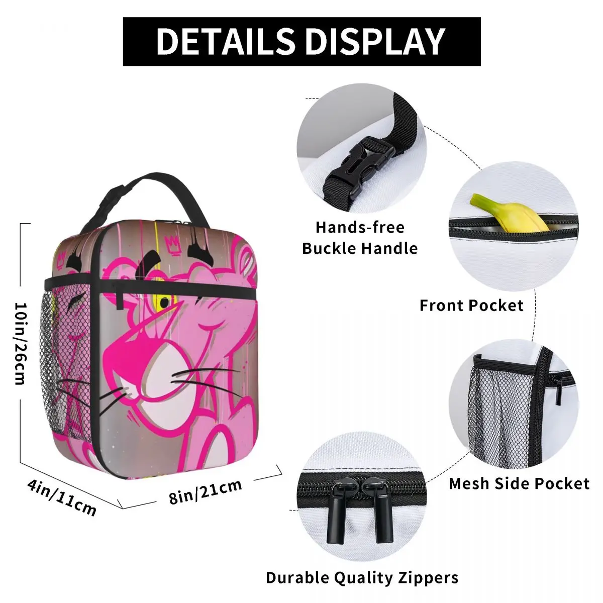 Pink Panther Graffiti Isolado Lunch Bag, saco térmico Lancheira portátil para menino e menina, lancheira ao ar livre