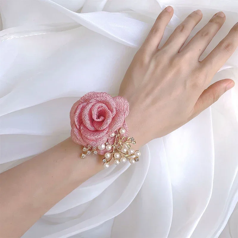 Pulsera de boda con ramillete de muñeca de rosas de tela para dama de honor, novias, flor de mano, rosas falsas, pulsera de boda para invitados, accesorios