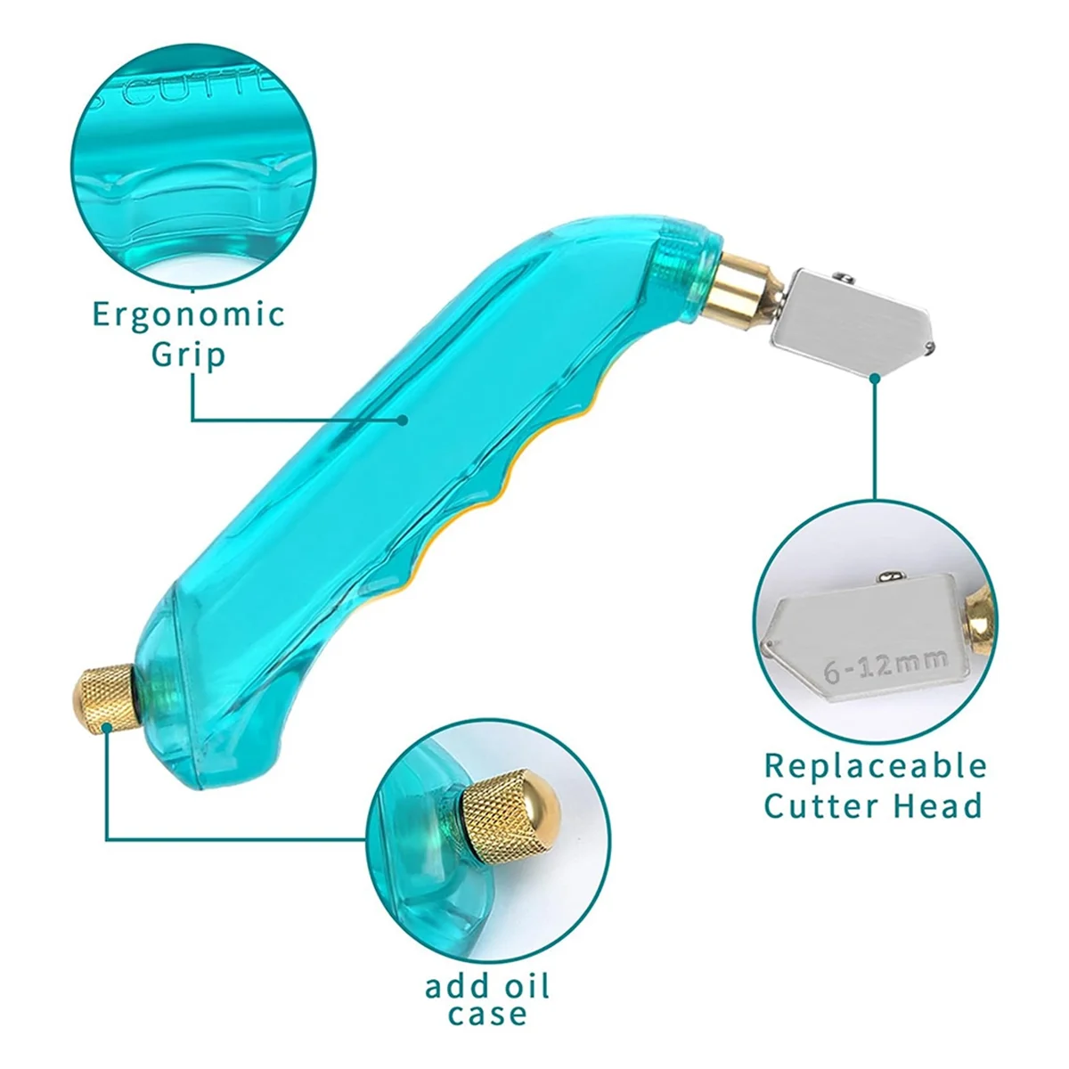 El Kit de herramientas de corte de vidrio incluye cortador de vidrio de alimentación de aceite azul con 3 cabezales de repuesto adicionales (6mm-12mm,12mm-20mm)