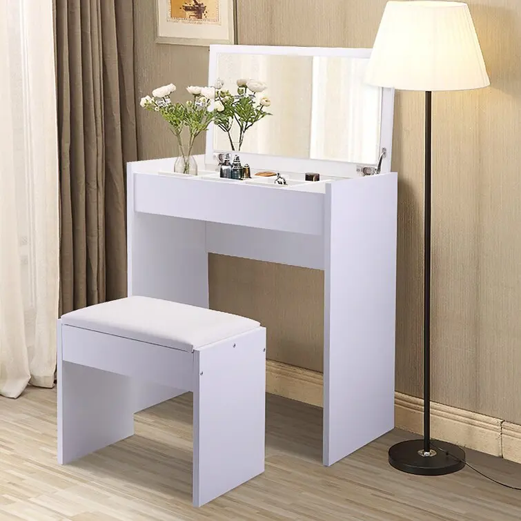 

34.6'' Wide Vanity Table With Stool And Mirror Elegant Makeup Vanity Set Dressing Table