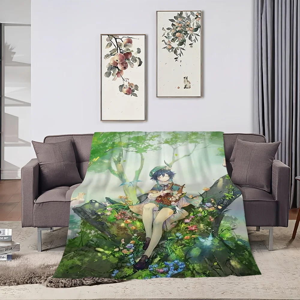 

Мягкое плюшевое одеяло с принтом Genshin Impact Venti для дивана, спальни, гостиной, подходит для дома, путешествий и подарков