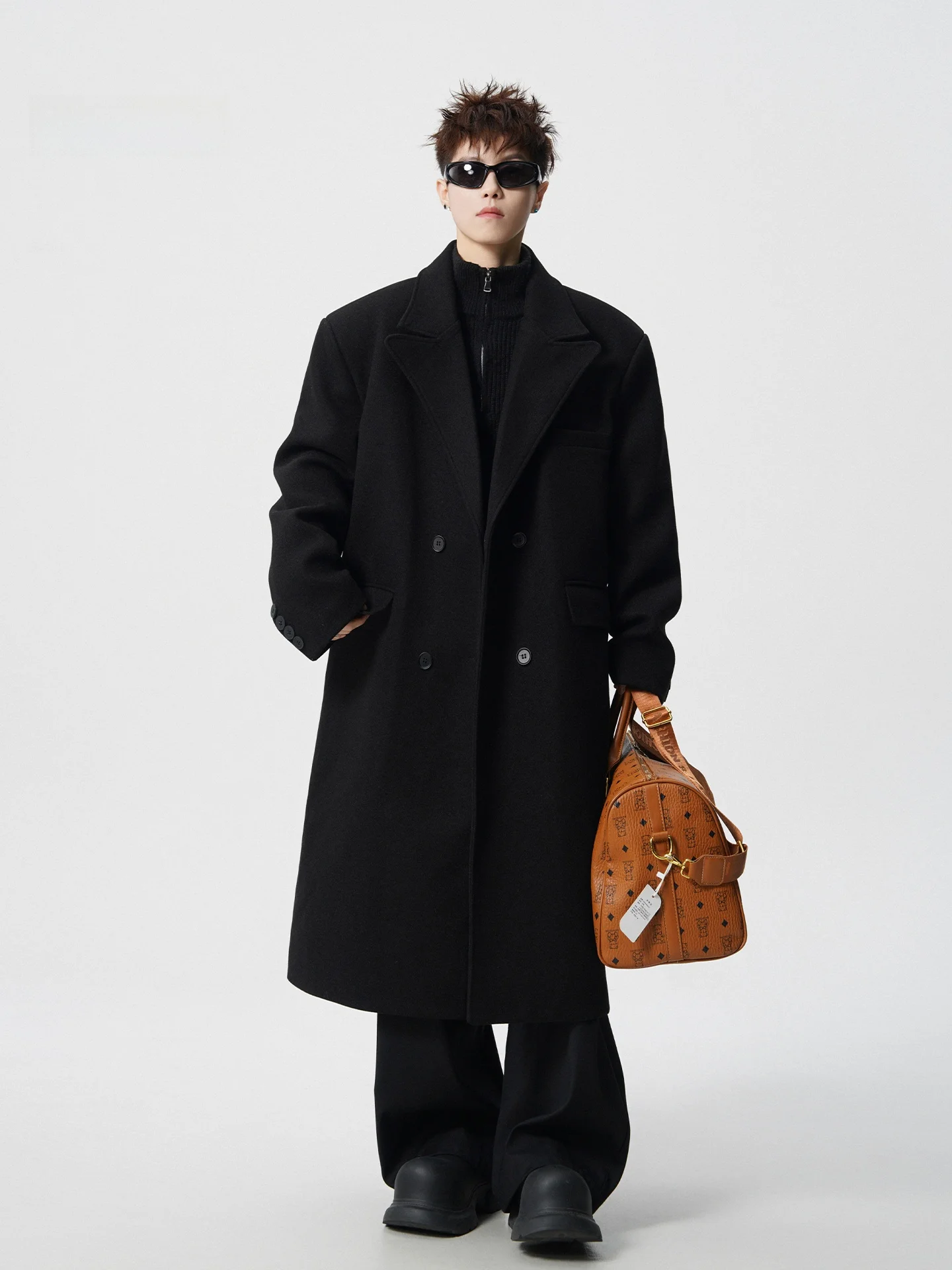 

Briti Sle Thiened Woolen Men's Coat Double Row Buttons Long Jaet Faionable Urban Sle Warm Long Sve Pure Color