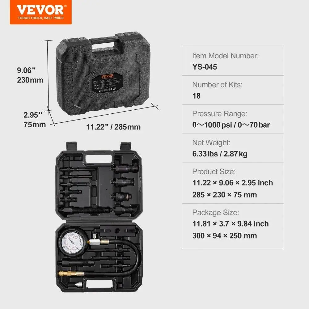 Diesel Engine Compression Tester, 18 pcs Cylinder Pressure Test Tool Kit, with 0-1000 psi Gauge and Adapters, Diesel