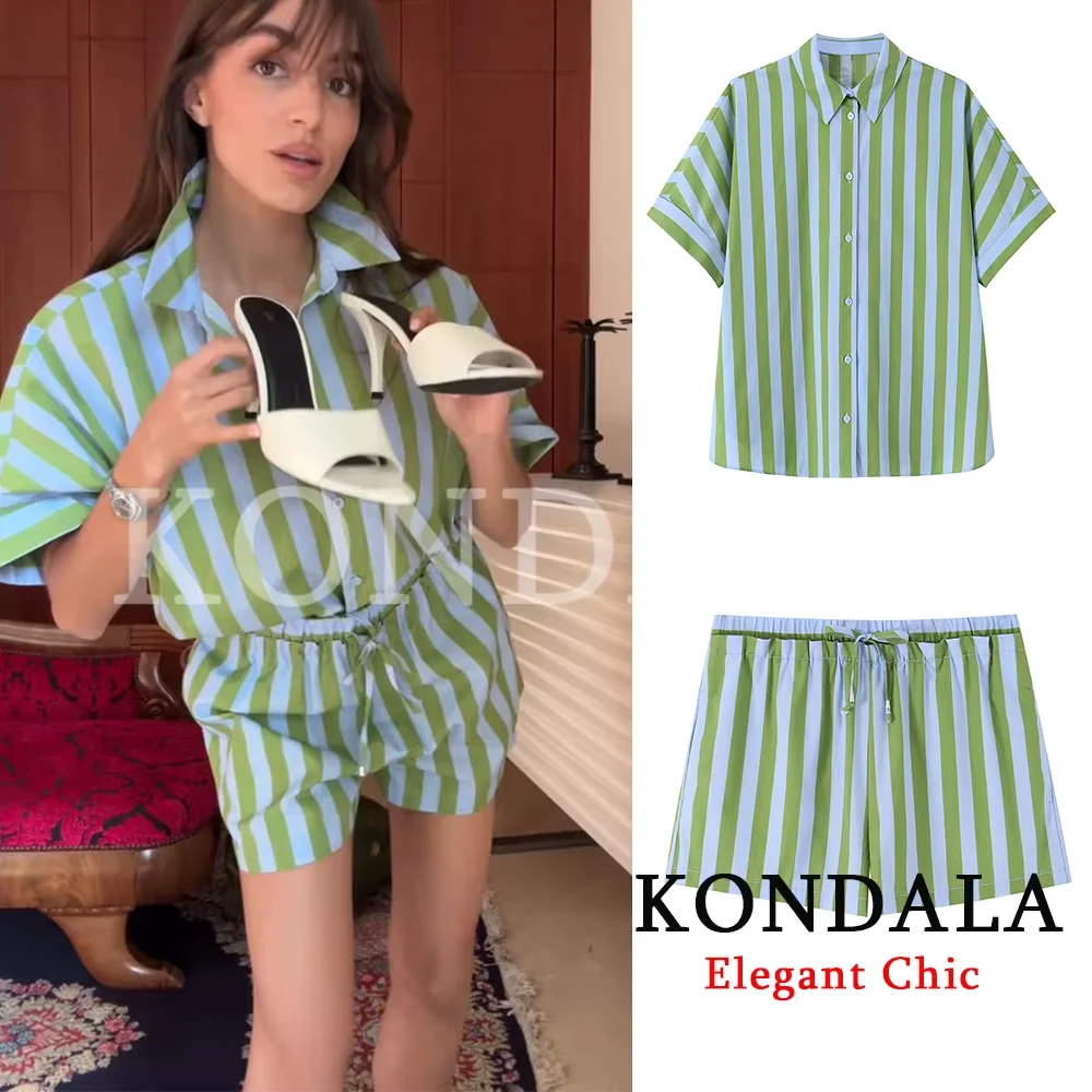KONDALA Damen Urlaubs-Trendset Gestreiftes Kurzarm-Shirt und Shorts mit Elastikbund und Taschen Neue Mode 2026 Frühling Sommer Strand-Set