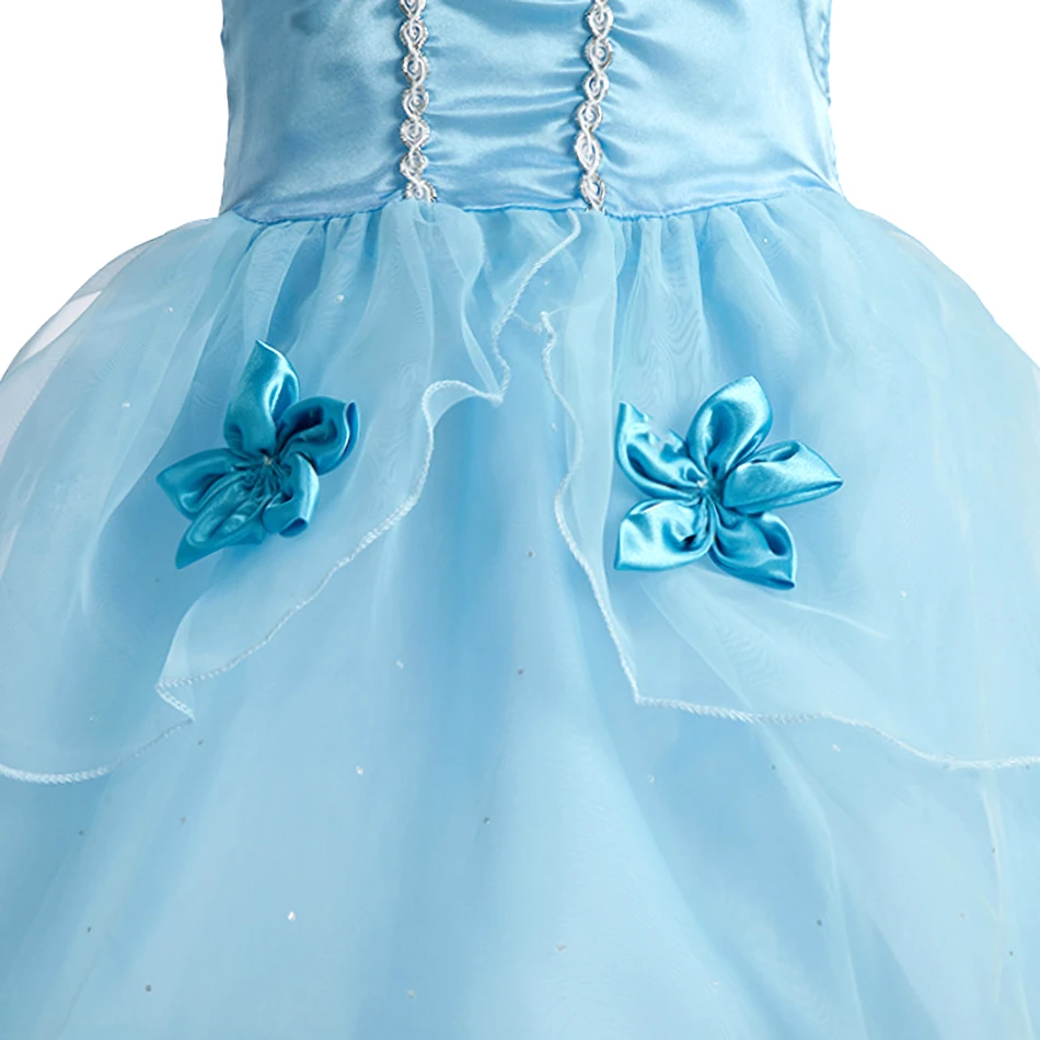 Meninas vestidos de princesa crianças verão desempenho azul roupas crianças cinderela dança apliques manga bolha vestidos cosplay