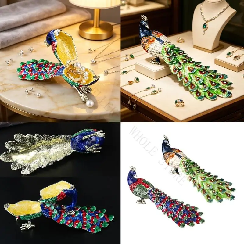 R7UF Exquisite Hand Painted Chinese Enamel Jewelry Box With Diamonds Studded Peacocks Design For Home Decoration And Gift