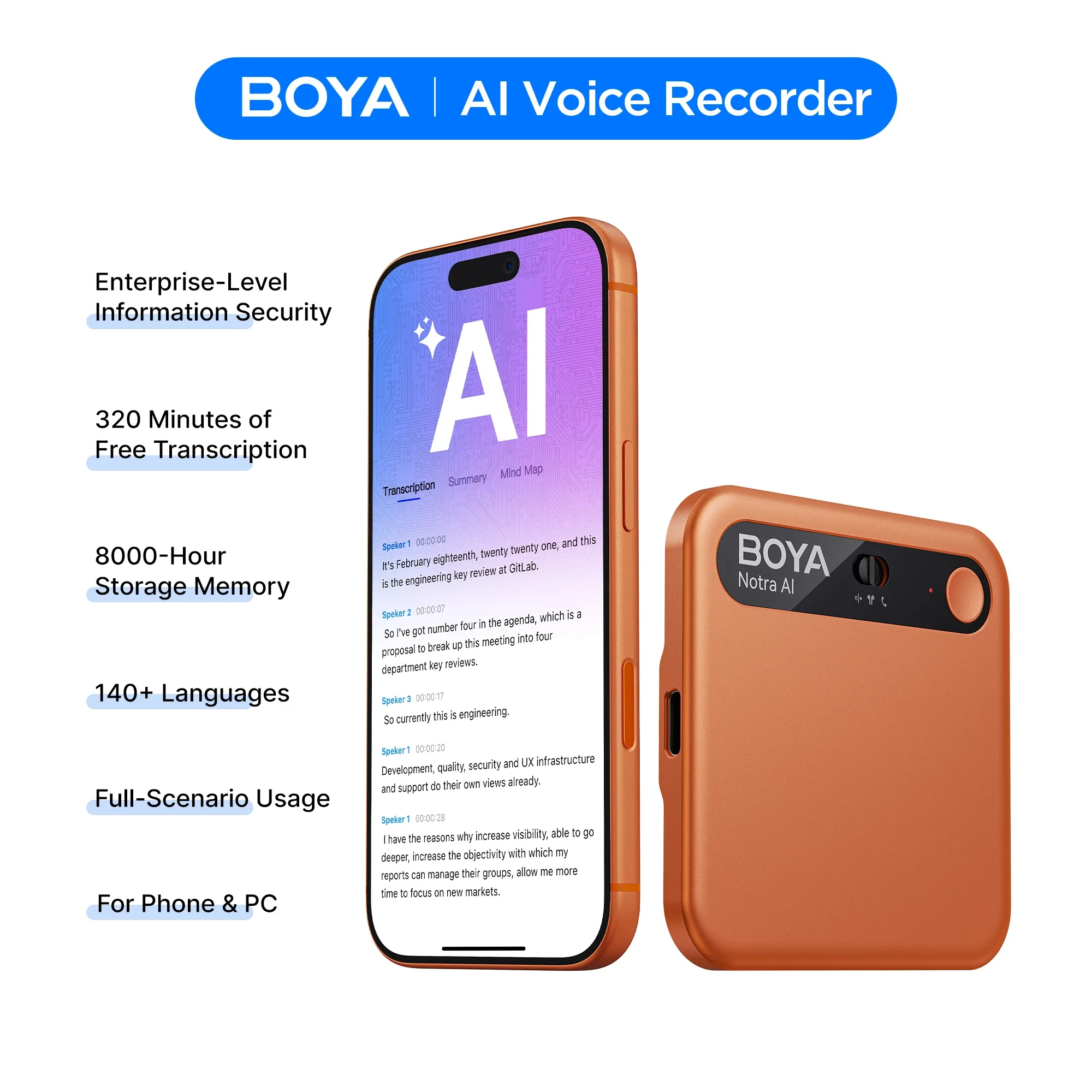 Image of BOYA Notra KI-Sprachrekorder mit Übersetzung in über 140 Sprachen, Zusammenfassung, App-Steuerung, Cloud-Synchronisation, MagSafe, KI-Notizen für Meetings und Interviews