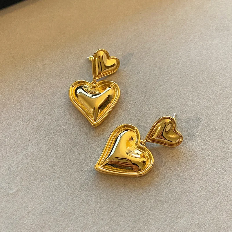 Vintage Irregular Metal Stud Earrings 18K Gold Plated Punk Double Heart Shaped Europe and America for Women Fashion Jewelry Gift image 6