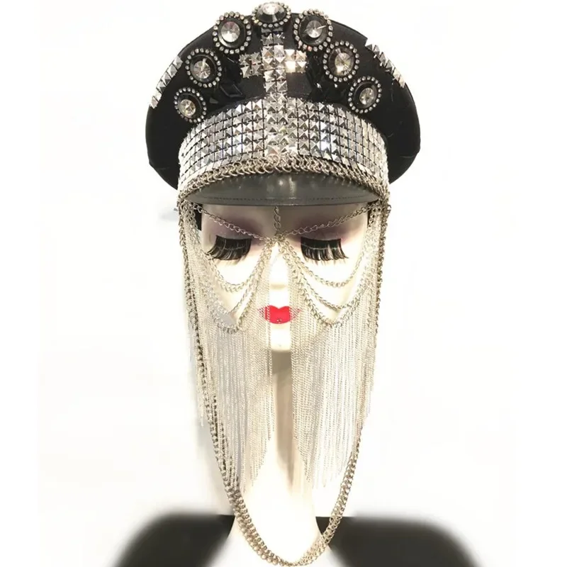 

Военные шапки золотого, серебряного цвета с кисточками и бисером, армейская кепка для женщин, певицы, танцовщицы, аксессуары для выступлений, головные уборы для бара, клуба, сцены