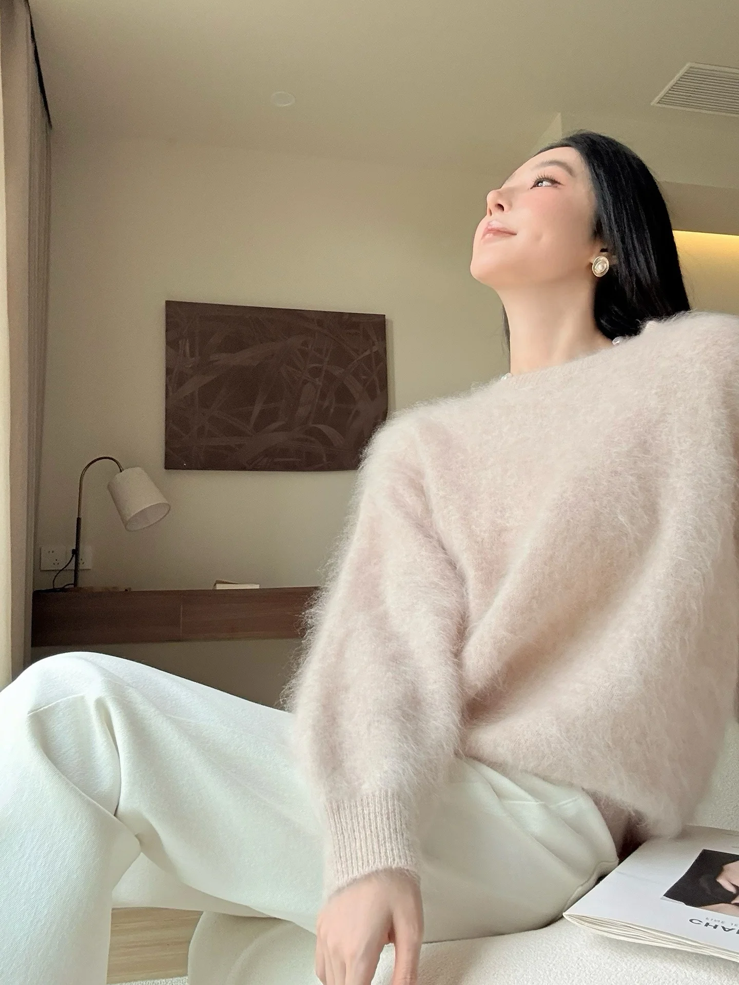 

ALIN Women's Knitted Sweater round Ne Loose Fit Full Wool Autumn Winter Casual Sle Long Sve Fce Lined Faion