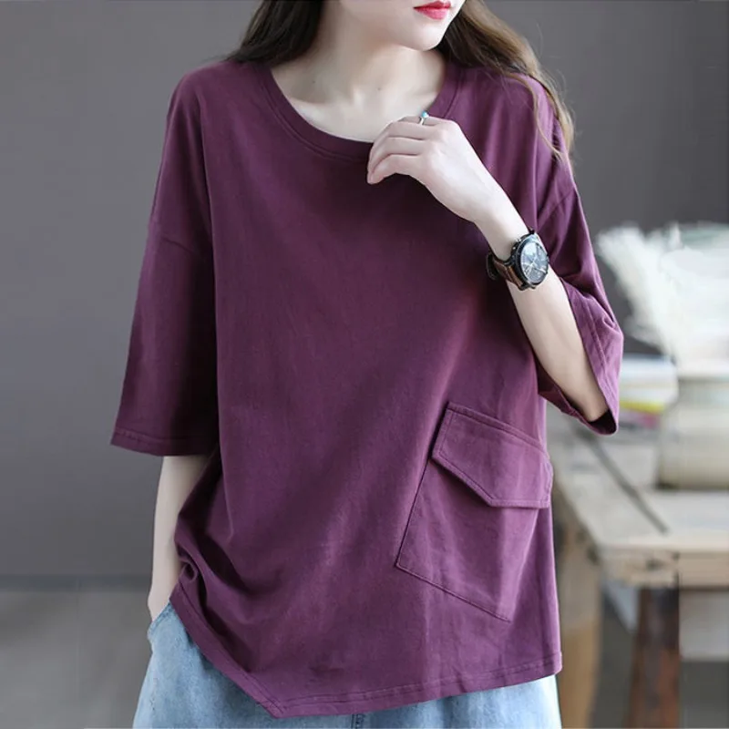 2024 Summer New Tees Fashion Casual Cotton Spliced Pockets Loose Thin Crew Neck Short Sleeve Solid Color All-match T-Shirts Tops